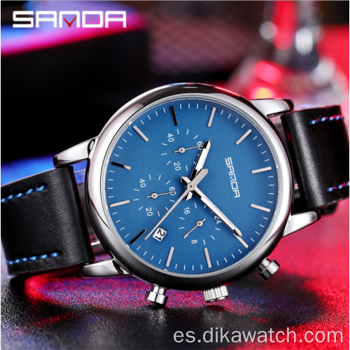 SANDA 1034 Reloj de lujo para hombre de negocios Reloj de cuero de cuarzo informal para hombre de tres ojos y seis pines a prueba de agua